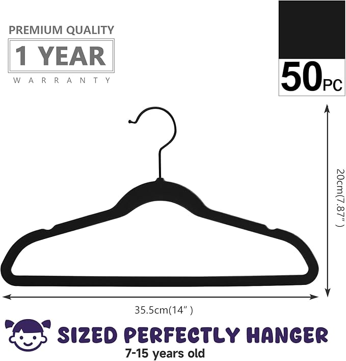 MIZGI Kids Velvet Hangers,Non-Slip Big Kids Hangers,14 Inch Hangers for Youth,Teen Clothes,Pack of 50