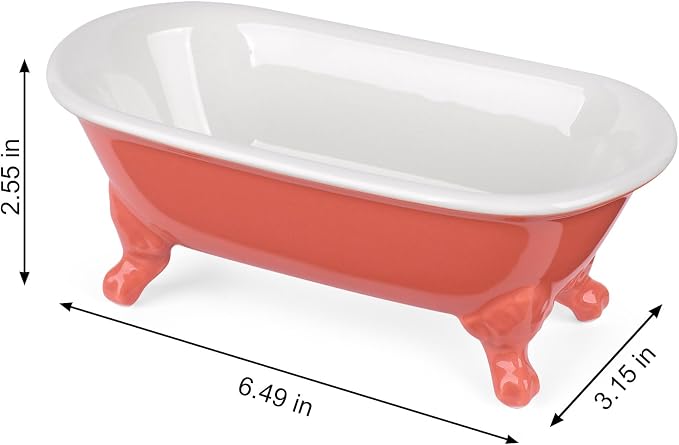 6.5" Ceramic Mini Decorative Clawfoot Bathtub Bar Soap Dish, Kitchen Sponge Holder and Shower Tray for Bathroom, 1 Pack(Coral)
