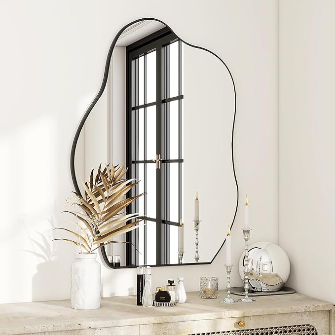 BEAUTYPEAK Asymmetrical Mirror, 20 x 28 Inches Irregular Wall Mirror, Wood Frame Unique Shape Wall Mounted, Decorative for Living Room Bedroom Entryway Hallway