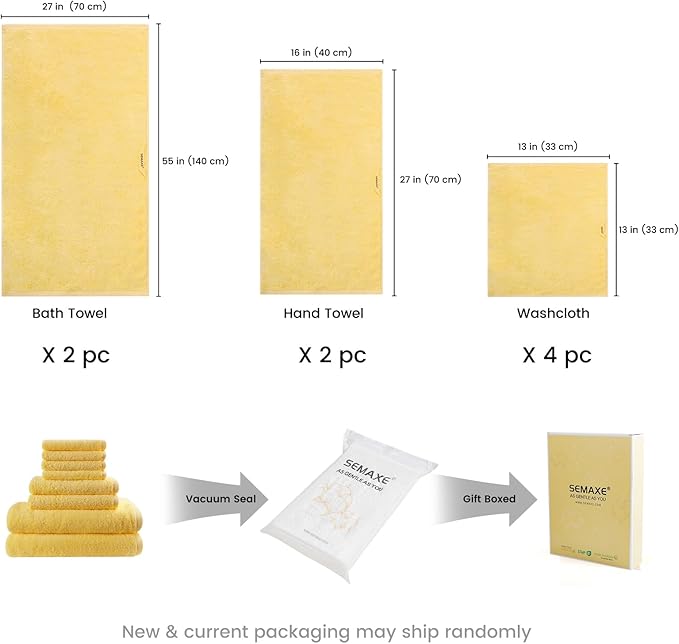 SEMAXE Bath Towel Set, 8 Piece Towel Set for Bathroom, Quick Dry Cotton Towels with Hanging Loops, Easy Care, Yellow