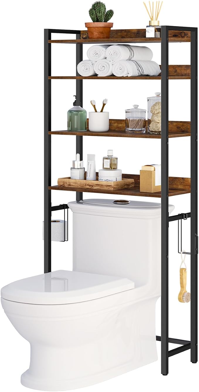 MAHANCRIS Over The Toilet Storage Rack, 4 Tier Bathroom Organizer Over Toilet, Freestanding Space Saver Toilet Stand with 2 Hooks, Bathroom Storage Shelf, Easy to Assemble, Rustic Brown TSHR0401Z