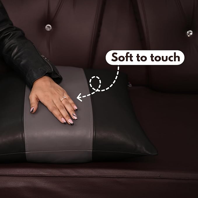 D DOLLY LAMB Lambskin Leather Pillow Cover - Sofa Cushion Case - Decorative Throw Covers for Living Room & Bedroom, 14x14 Inches - Black & Grey Plain
