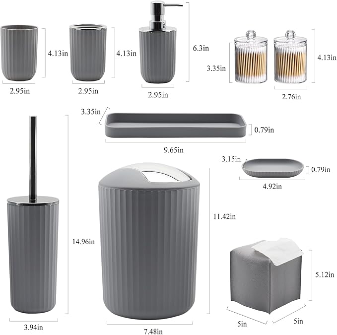 Bathroom Accessory Set - 10 Piece Grey Bathroom Accessories Set with Trash Can, Toothbrush Holder and Cup, Soap Dispenser, Soap Dish, Toilet Brush Holder, Vanity Tray, Qtip Holder, Tissue Box Cover