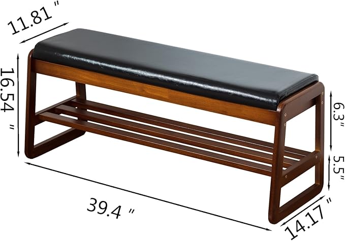 SOBIBO Solid Wood Shoe Bench, 2-Tier Entryway Bench with Cushion and Flip-Open Storage Box, Mid-Century Modern Shoe Bench Rack for Hallway, Mudroom(Black, 39.4'')