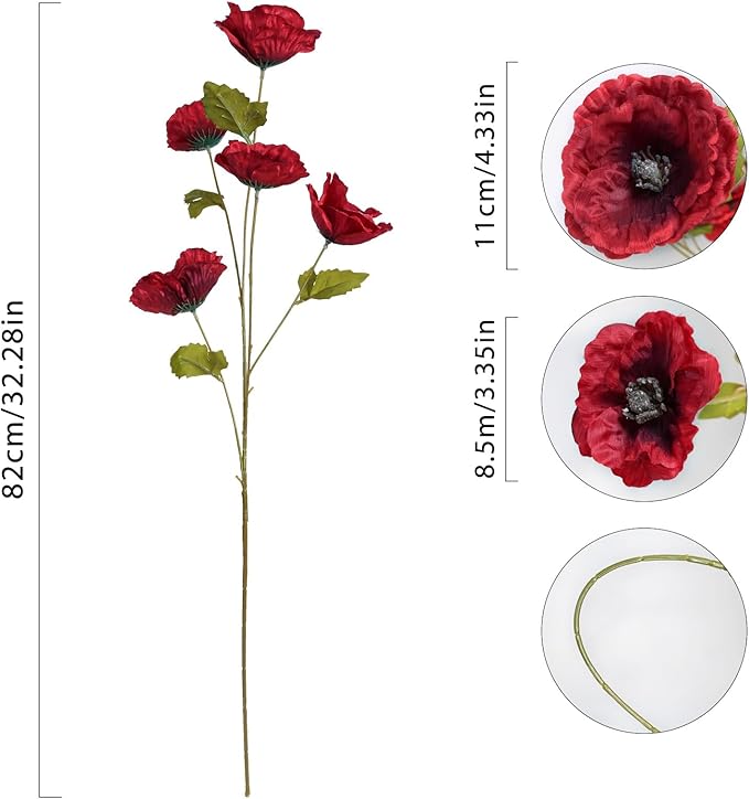 30 Heads 6 PCS Red Poppy Flowers Artificial Flowers Silk Flowers 32 in Poppy Flowers for Wedding Home Party Table Centerpiece Arrangement Decoration (Red)