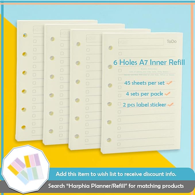 A7 Planner Refill,4 Pcs per Set, Todo List Paper, with Label Stickers Gift,Mini Binder Refills,6 hole/100gsm Thick Paper/4.84 x 3.23'', Harphia
