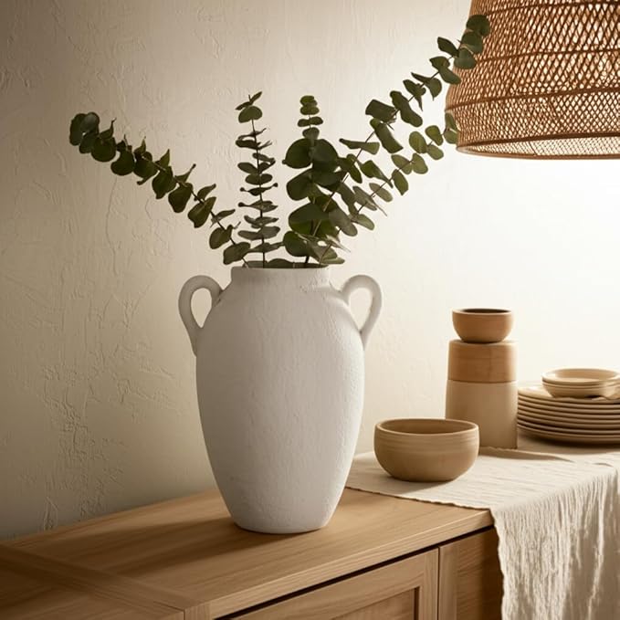 Decorative Vase for Home Decor – Textured Ceramic Jug with Handles, White Table Vase for Flowers, Modern Centerpiece for Living Room Styling or Shelf Displays, Casual Home Accent – 13", White