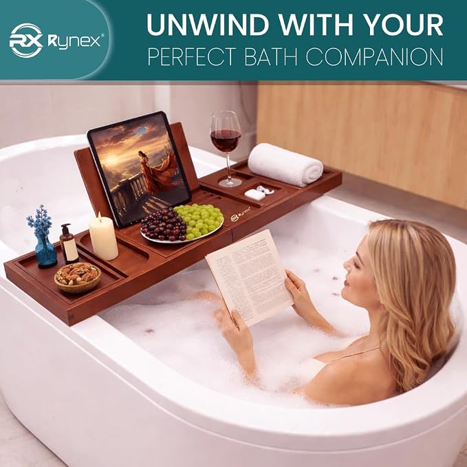 Bathtub Tray & Bath Tray for Tub – Expandable Bamboo Bath tub Tray, Bathtub Caddy, Adjustable Foldable Waterproof Bath Trays for tub with Phone, Wine Glass, Book & Tab Holder (Free Soap Dish)