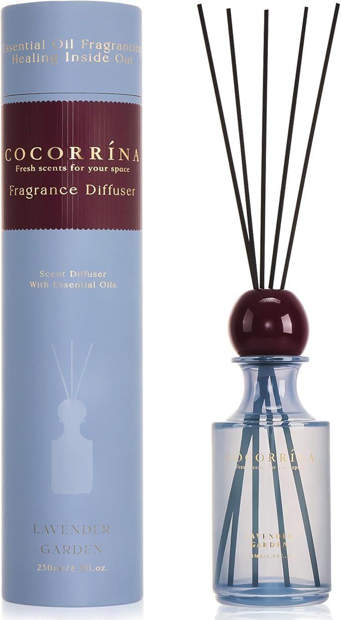 COCORRÍNA Lavender Garden Reed Diffuser 8.5 oz, Home Fragrance Oil Diffuser with 6 Reed Sticks, Long-Lasting Scent for Bathroom, Bedroom & Home Décor