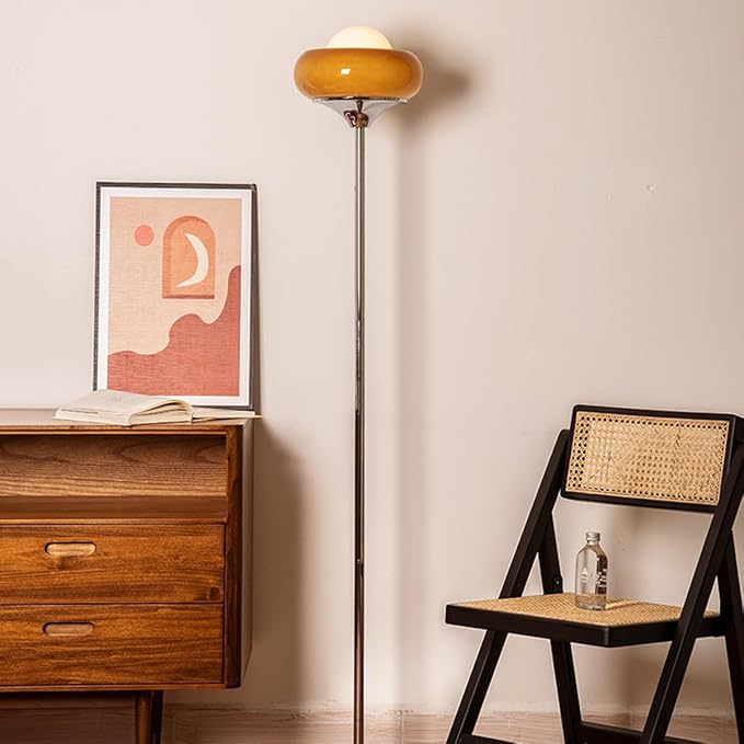 Mid-Century Modern Orange Floor Lamp,Bauhaus Style Mushroom Lamp for Reading,Tall Standing Lamp with Glass Lampshade for Living Room Bedroom and Office
