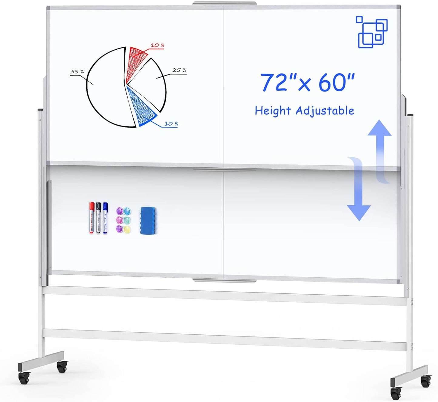 Skiennix Height Adjustable Dry Erase Whiteboard - 72x60 Inches Mobile Magnetic Easel for Office & Classroom