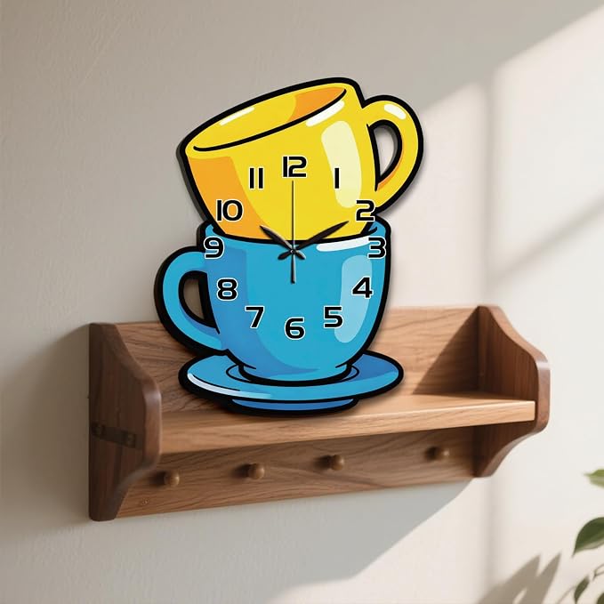 Stacked Coffee Cups Wall Clock Irregular Shape Decorative Wall Clock Cartoon Style Non-Ticking Clock for Home Office Decoration, 16.14×11.49 inch