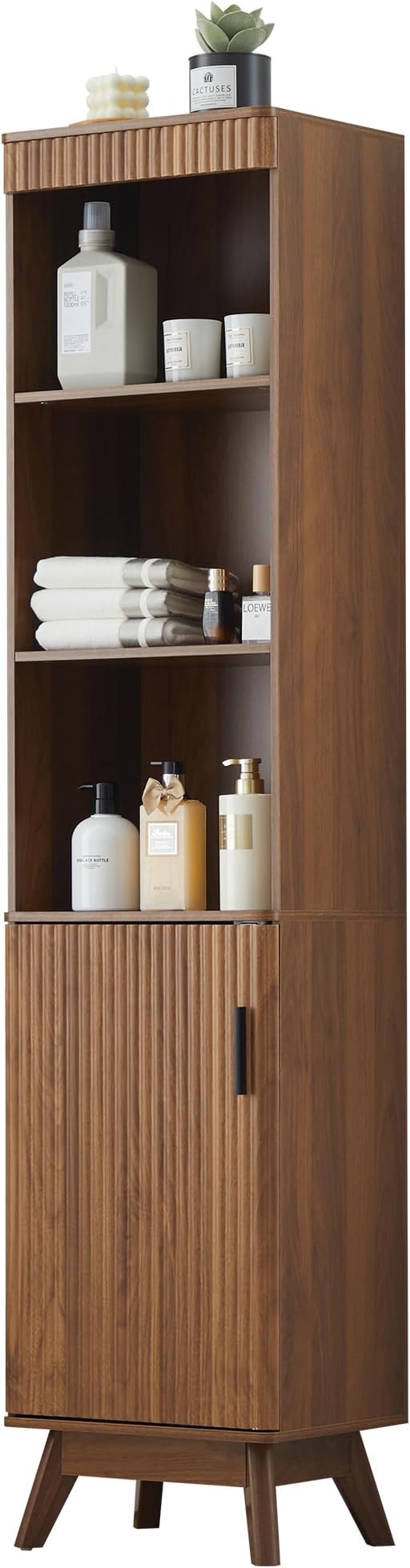 Bifins 68" Tall Bathroom Storage Cabinet,Narrow Fluted Tower Cabinet with Door and Shelves,Slim Space Saving Storage Unit for Bathroom Kitchen Living Room (Walnut, 11.8" D x 15.75" W x 68" H)