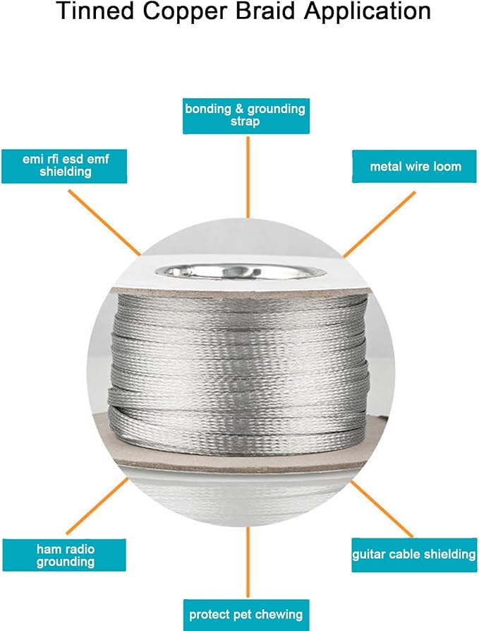 EMI RFI Shielding Wire Loom Metal Tinned Copper Grounding Braided Sheathing Cable Sleeve Mesh ESD Protection Flat Tubular Expandable (1/2" W(0.32" ID)-30FT)