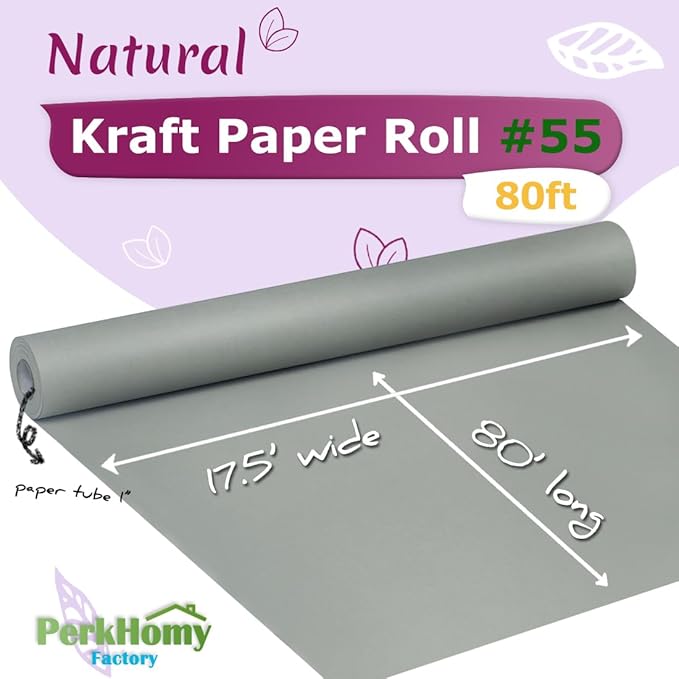 PerkHomy Light Grey Kraft Paper Roll 17.5" x 960" (80') for Gift Wrapping Bouquet Flower Art Painting Craft Writing Packaging Shipping 80GSM 55LB (Light Grey, 17.5" x 80')