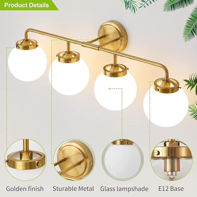 Bathroom Light Fixtures Gold Vanity Lights Over Mirror, Modern Wall Sconce Lighting 4-Light with White Glass Globe Shade