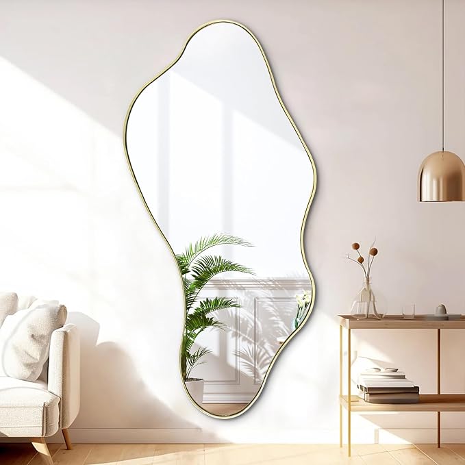 Large Irregular Wall Mirror, 63"x29.2" Asymmetrical Full Length Mirror with Gold Metal Frame, Organic Shaped Mirrors for Living Room Bedroom Hallway Entryway, Horizontal or Vertical Hanging