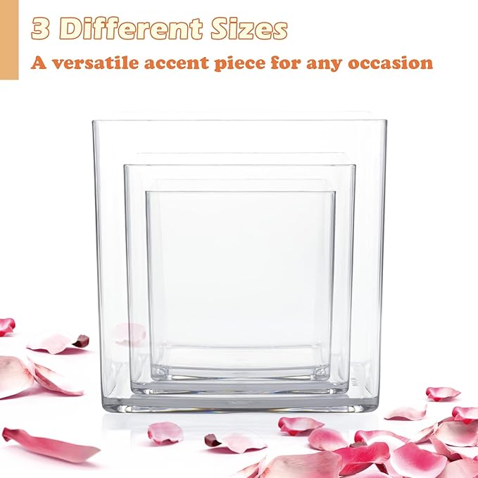 Acrylic Cube Vases Set of 3, Clear Square Vases, Shatterproof Flower Vase Decorative Centerpiece for Home, Wedding, 4”+5”+6”
