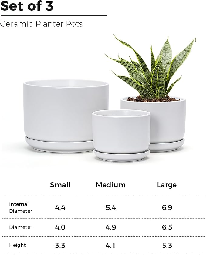 Ton Sin Ceramic Pots for Plants, 4.4+5.4+6.9 Inch Set of 3, Matte White Flower Pot & Plant Pot with Drainage Hole Saucer, Small Indoor Planters for Succulent Cactus, Home Decor Gift