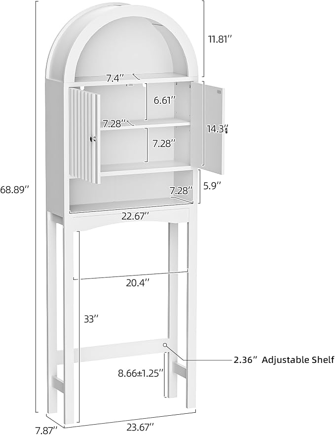 Spurgehom Over The Toilet Storage Cabinet, Bathroom Shelf Organizer Freestanding, Bathroom Arch Cabinet Over Toilet with Fluted Door and Anti-Tipping Device, White