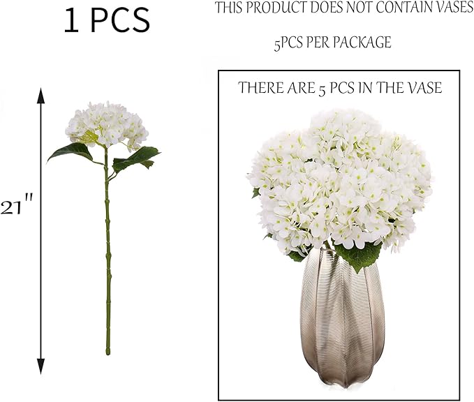 Kimura's Cabin 5Pcs 21inch Real Touch White Hydrangeas Flowers Realistic Hydrangea Artificial Flower with Stem Bouquet for Wedding Birthday Party Home Interior Dining Table Centre Decoration (White)