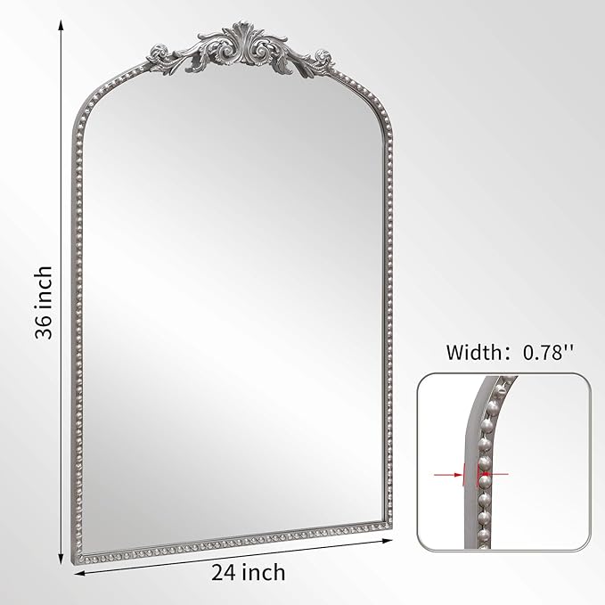 Antique Silver Arch Wall Mirror, 24"x36" Traditional Vintage Mantel Mirror with Ornate Metal Frame, Baroque Home Decor for Fireplace/Entryway/Bathroom/Living Room/Hallway