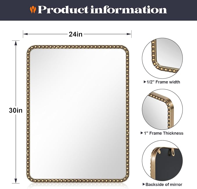 24"x30" Champagne Bronze Mirrors for Bathroom, Brass Vintage Bathroom Wall Mirror with Beaded Frame, Gold Beaded Mirror for Vanity Ornate Bedroom
