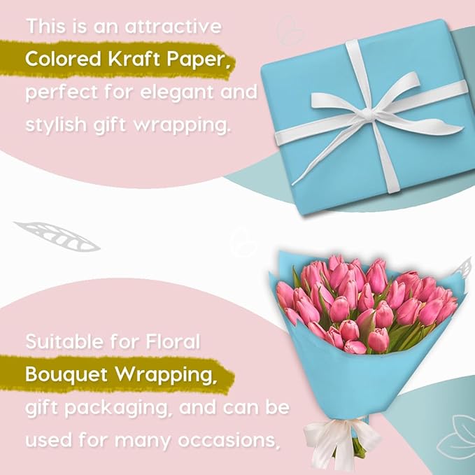 PerkHomy Light Blue Kraft Paper Roll 48" x 1,800" (150') for Gift Wrapping Bouquet Flower Art Painting Craft Writing Packaging Shipping 80GSM 55LB (Light Blue, 48" x 150')