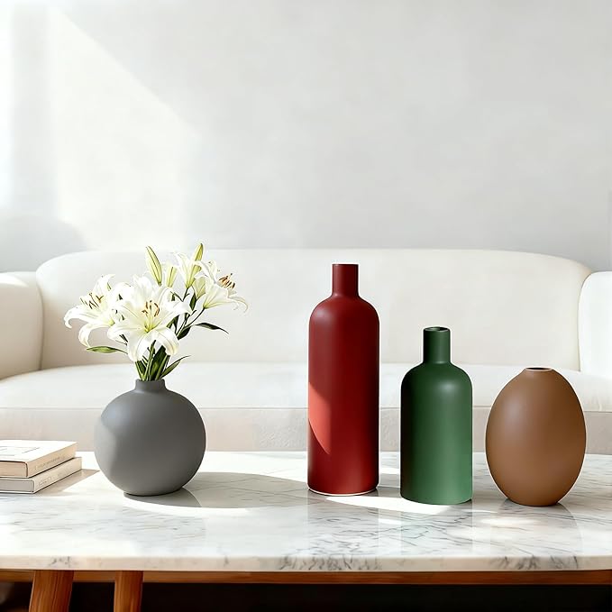 Modern Ceramic Vase Set – 4 Piece Rustic Decorative Vases for Boho Living Room Centerpieces, Entryway Decorations, Coffee Table, Bookshelf, Fireplace Mantel