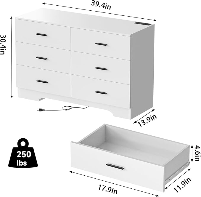 Dresser for Bedroom White Drawer with Power Outlets Wood 6 Drawer Dresser with Large Organizer Tall Modern Chest of Drawers Close for Bedroom Living Room Kids Room Hallway