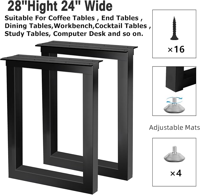 Metal Table Legs 28''Hight 24'' Wide with Adjustable Protector Feet, Industrial & Rustic Style Heavy Duty Metal Furniture Legs for DIY Dinning Table Coffee Table Modern Desks, Rectangle Shape, Black