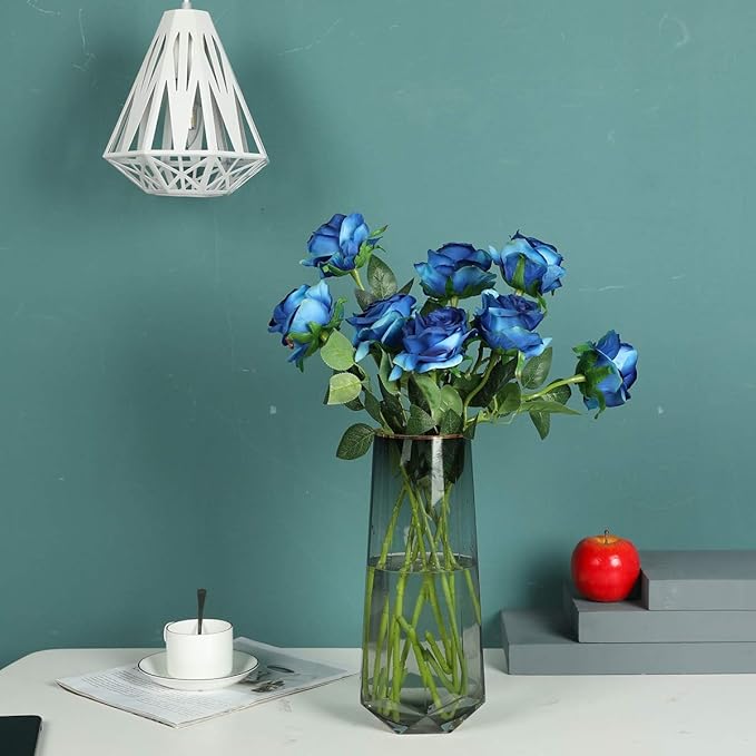 Kisflower 12Pcs Gradient Blue Roses Artificial Flowers, Realistic Single Stem Flowers Silk Rose Bouquet for Wedding Party Office Home Decor (Gradient Blue)
