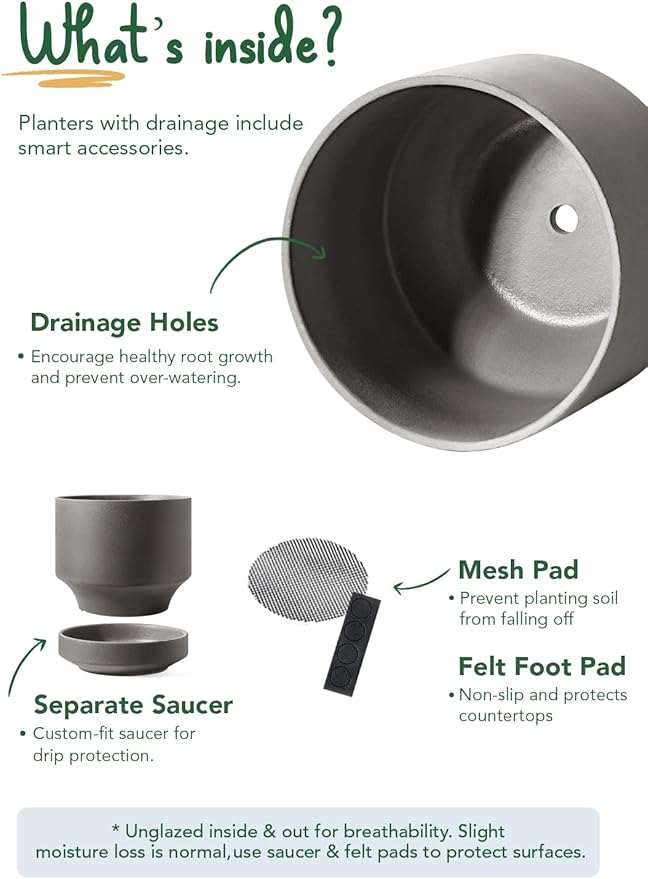 LE TAUCI 12 Inch Pot for Plants with Saucer, Ceramic Indoor Planter Pot with Drainage Hole, Mesh Pad & Plug Included, Unglazed Porous Ceramic, Modern for Home and Office, Charcoal Gray