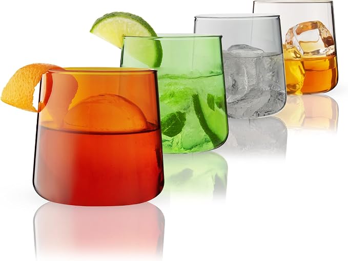 Viski Aurora Tumblers Colored Wine Glasses - Tinted Fun Cocktail Glasses in Clear, Grey, Green, and Amber - Dishwasher Safe 10.5 Oz Set of 4