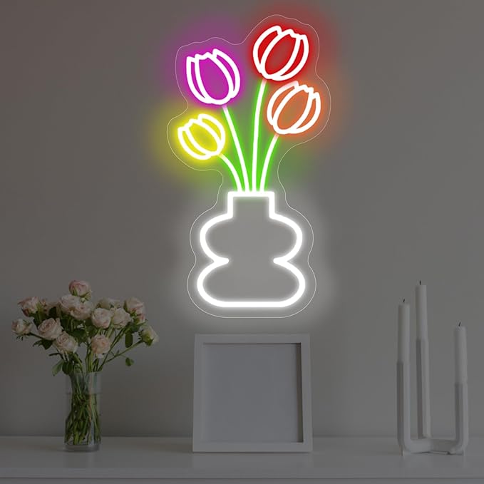 Tulip Flower Neon Sign for Wall Decor LED Tulip Lamp for Bedroom Wall Decor Flower Shop Decor, Tulip Sign for Living Room Studio Bedroom Party Decoration, Mother's or Valentine's Day Gifts