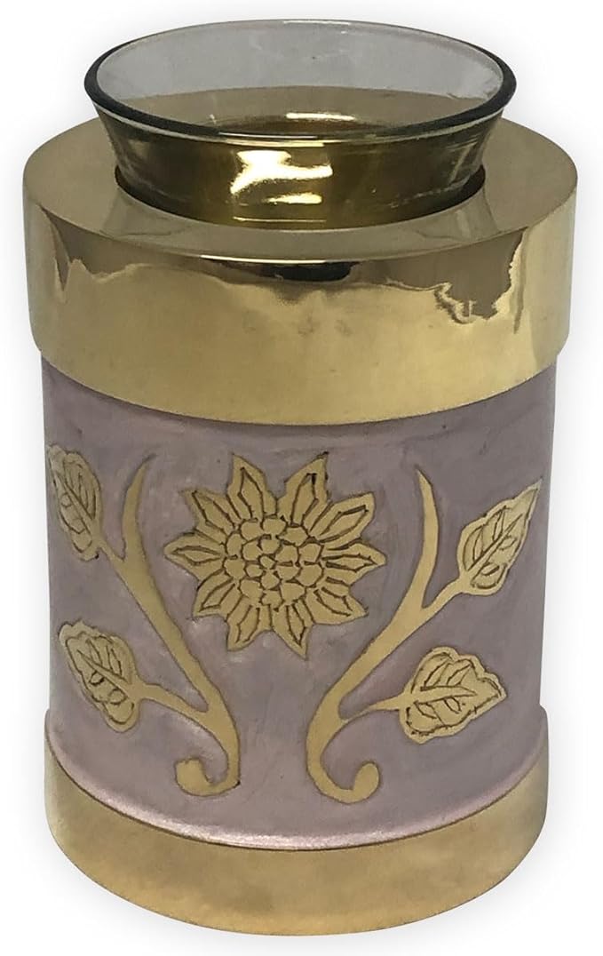 Pink Garden Brass Tealight Cremation Urn | Unique Brass Funeral Urn with Gold & Pink Enamel Details | Tealight