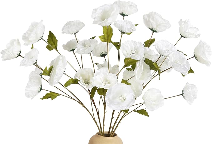 30 Heads 6 PCS White Poppy Flowers Artificial 32 in Silk Poppy Flowers for Wedding Home Party Table Centerpiece Arrangement Decoration (White)