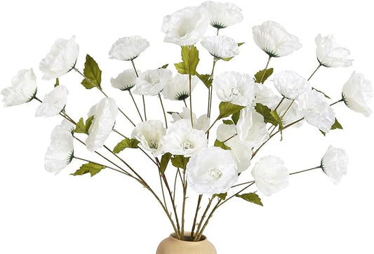 30 Heads 6 PCS White Poppy Flowers Artificial 32 in Silk Poppy Flowers for Wedding Home Party Table Centerpiece Arrangement Decoration (White)