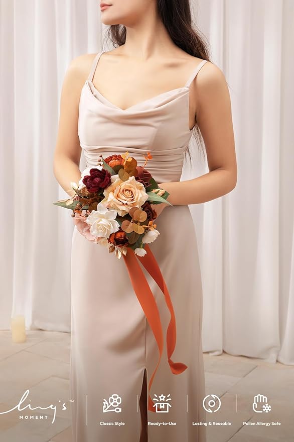 Ling's moment Terracotta Bridesmaid Bouquet, Burnt Orange Wedding Bouquets for Bridesmaids, 7 Inch Bridal Bouquets for Bridesmaids, Wedding Decor, Ceremony, Anniversary, Homecoming, etc.