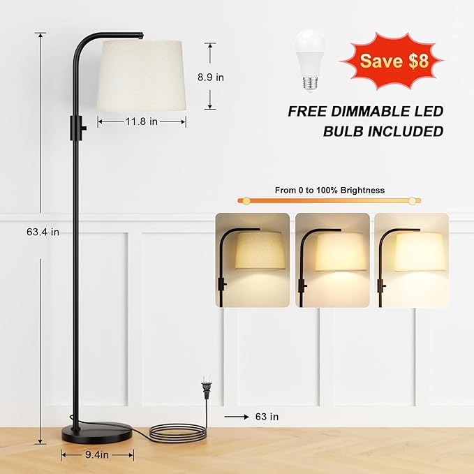 Ambimall Fully Dimmable Floor Lamp with 9W LED Bulb, Standing Lamp for Living Room with Adjustable Head, Modern Standing Tall Light with Rotary Switch for Office