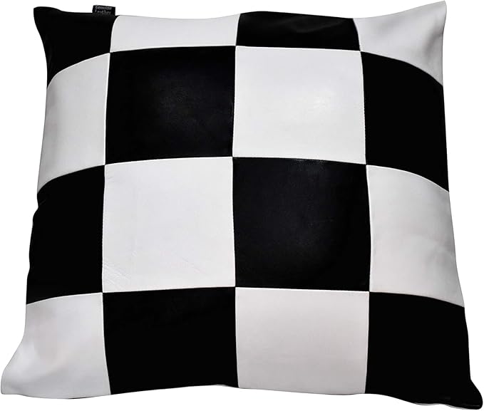 D DOLLY LAMB Lambskin Leather Pillow Cover - Sofa Cushion Case - Decorative Throw Covers for Living Room & Bedroom, 20x20 Inches - Check White & Black Pack of 1