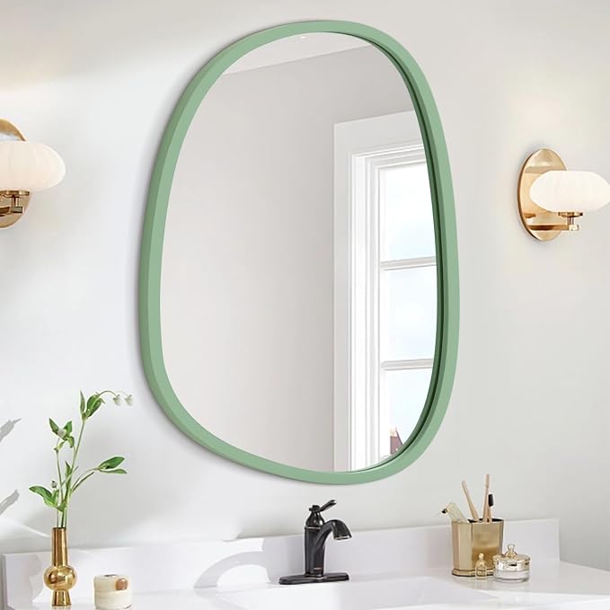 Asymmetrical Mirror for Wall Decor Green Modern Wooden Framed Wall Mirror Unique Shape Wall Mounted Vanity Artistic Mirror Decorative for Living Room Bedroom Bathroom Entryway Large 26"x18"