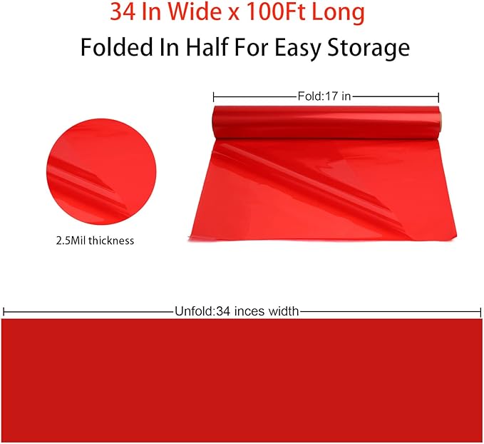CMFYHM Red Cellophane Wrap Roll,Colorful Cello 34 In Wide X 100 Ft Long, Translucent Colored Cellophane Wrapping Paper for Gift Baskets Wrap, Treats, Holiday, DIY Arts Crafts Decoration (Red)