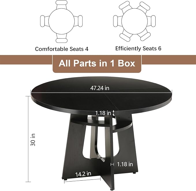 47" Round Dining Table for 4-6 Black, Farmhouse Wood Circle Dinner Table, Modern Wooden Circular Dinner Tables Easy Assembly for Dining Room/Kitchen/Living Room/Apartment (Table Only)