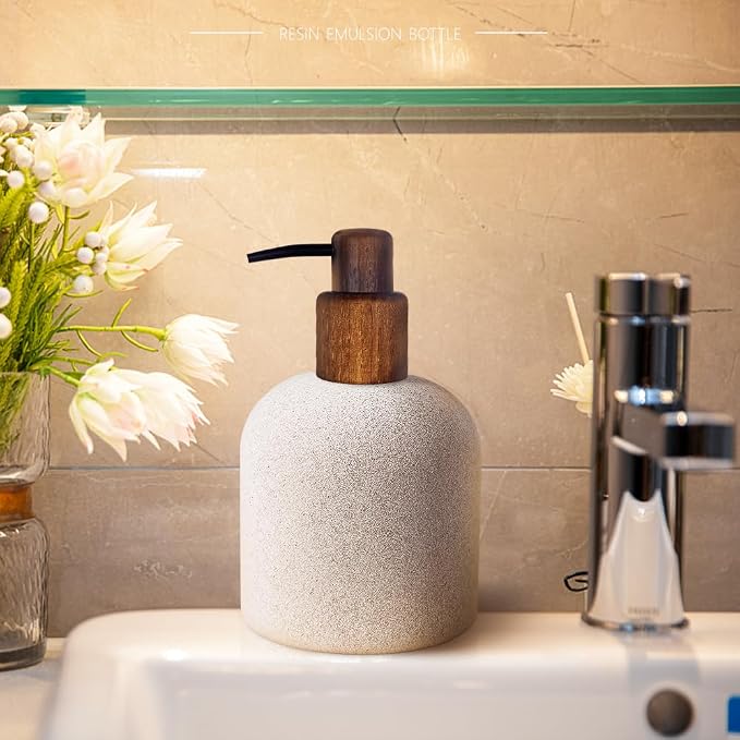 250ml Japanese Style Resin Soap Dispenser Bathroom, Easy to Fill Washing Up for Kitchen Sink, Refillable Shampoo and Conditioner Bottles with Wooden Pump