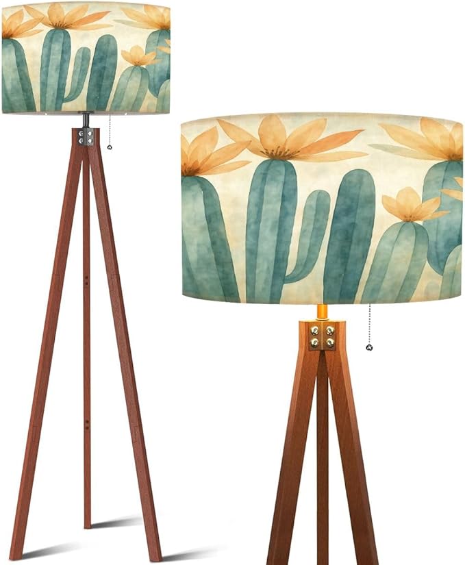 Wood Tripod Floor Lamp Green Succulents Floral Boho Plants Orange Flowers Foliage Botanical Mid Century Standing Lamp Linen Shade Dimmable Modern Tall lamp Home Decor for Living Room Bedroom Office