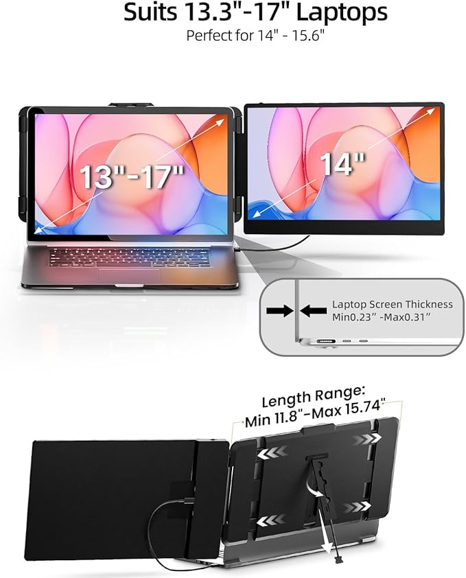 Laptop Screen Extender, 14" FHD 1080P IPS Dual Laptop Monitor Extender, Plug n Play Portable Travel Monitor for Laptops 13.3"-17" with HDMI/USB-A/Type-C, Compatible with Windows Mac Chrome Android