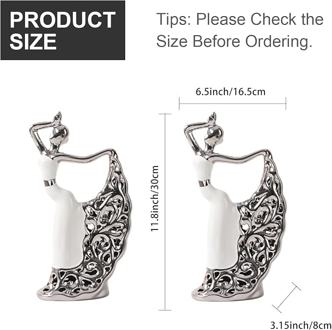 2 Pcs Ceramic Statues Home Decor, Dancer Women Sculpture Figurine, Modern Aesthetic Abstract Art Decorative Accent for Living Room Bedroom Bookshelf Dining Table Centerpiece Office (White and Silver)