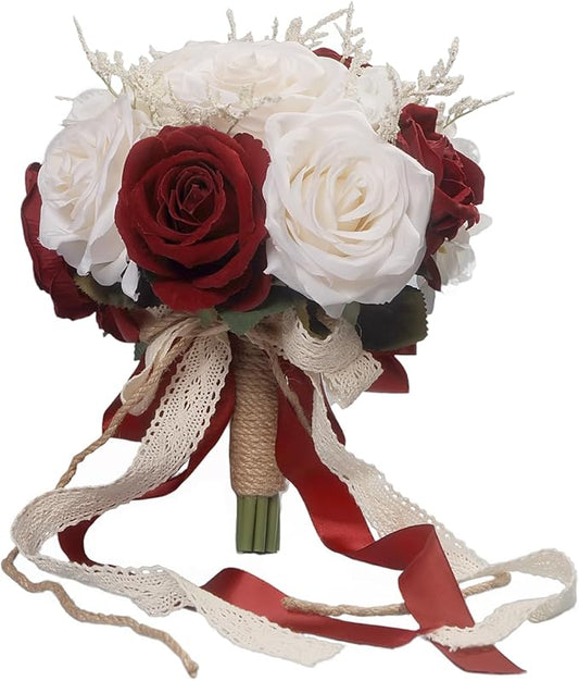 Wedding Bouquets for Bride, Champagne White & Burgundy Bridal Bridesmaid Wedding Flowers, Artificial Toss Rose for Civil Ceremony (Jute Rope Handle)