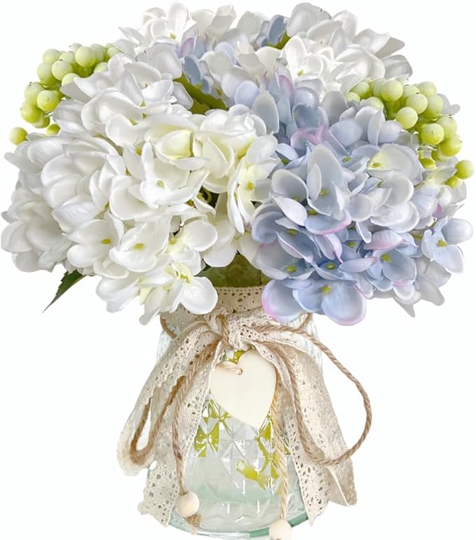 Faux Hydrangeas in Glass Vase, Artificial Fake Flower Silk Hydrangea Bouquet with Vase, Table Centerpiece Decorations Wedding Bouquets for Party Office Farmhouse Kitchen Home Decor